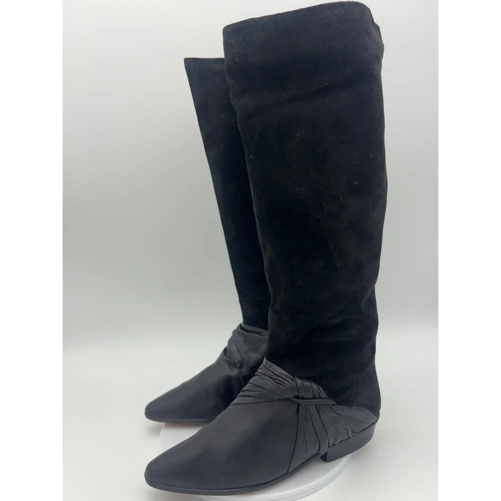 VINTAGE NICKELS Tall Riding Boot Black Leather Suede Knee High‎ Point Toe Shoe 7